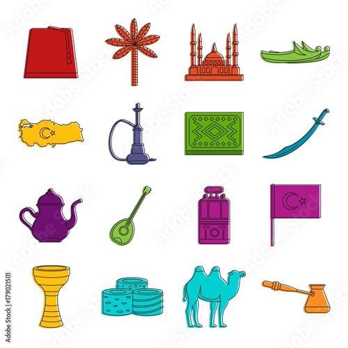 Turkey travel icons doodle set