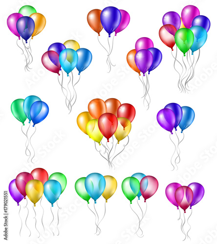 Set of bunches of colorful helium balloons with strings isolated on white background.