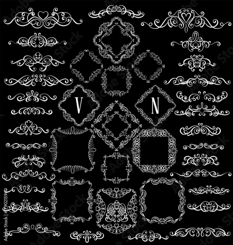 Big set of vintage styled calligraphic frames and flourishes, complex and exquisite decoration for invitation or greeting card