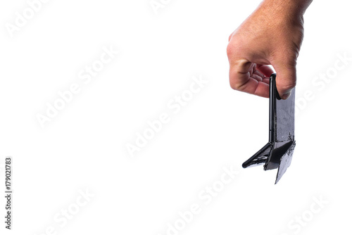 Business concept - your time is exhausted, hand holds a broken mobile phone, white background