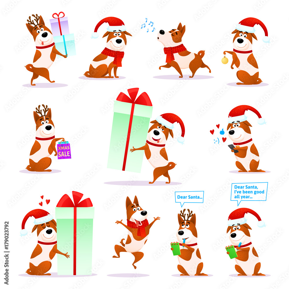 Obraz premium Christmas funny cartoon dog emoticons set. Xmas flat puppy emoji collection. Happy terrier wearing deer horns and Santa hat isolated on white background. Christmas or New Year 2018 vector illustration