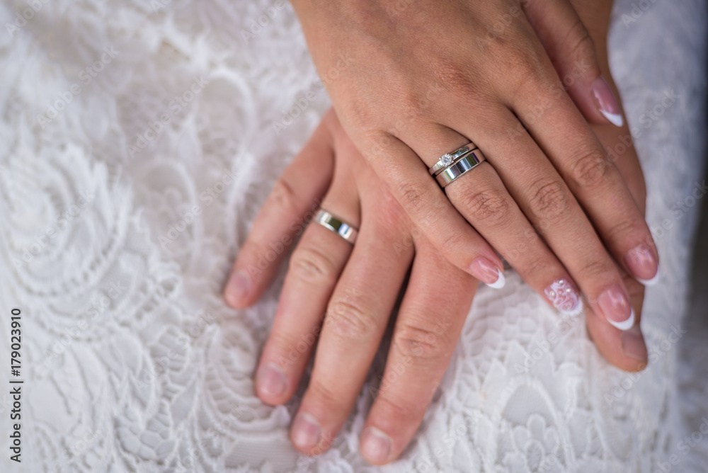 Bride's hand on the bride's hand with a ring Bride's hand on the bride's hand with a ring