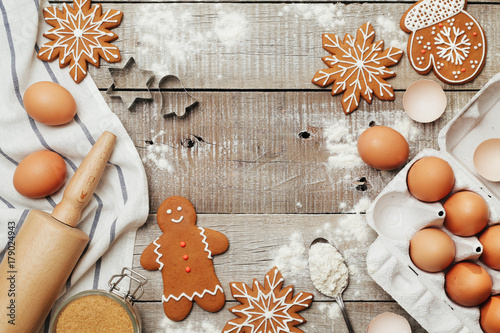 Xmas baking or cooking background. Text space, top view.