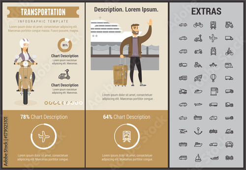 Transportation infographic template, elements and icons. Infograph includes customizable graphs, charts, line icon set with transport vehicle, truck trailer, airplane flight, car, bus, train etc.