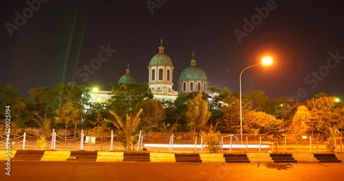 Night timelapse of the exterior of Holy Trinity Cathedral, Addis Ababa, Ethiopia.