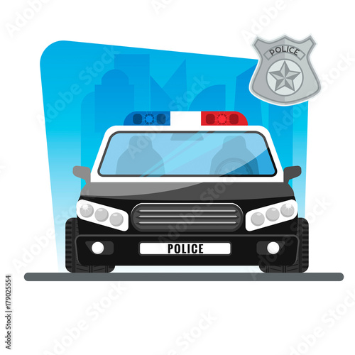 police car with flashing lights against the backdrop of a metropolis with high-rise buildings, police badge
