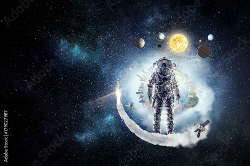 Astronaut surfing dark sky. Mixed media © Sergey Nivens