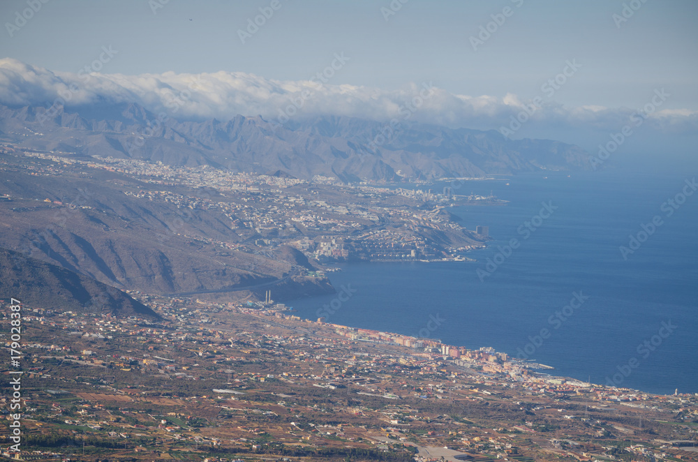 Aerial photography of Tenerife island coastline with Sta Cruz de Tenerife city in the background