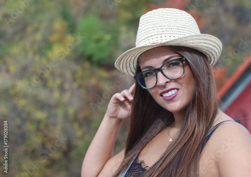 women outside portrait hat and glasses young attractive summer beauty