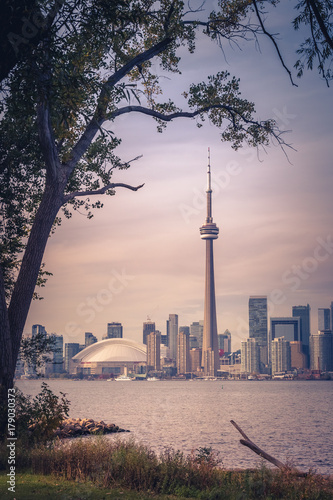 Photography View of Toronto city during sunset from Toronto Central Island