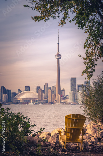 Photography View of Toronto city during sunset from Toronto Central Island