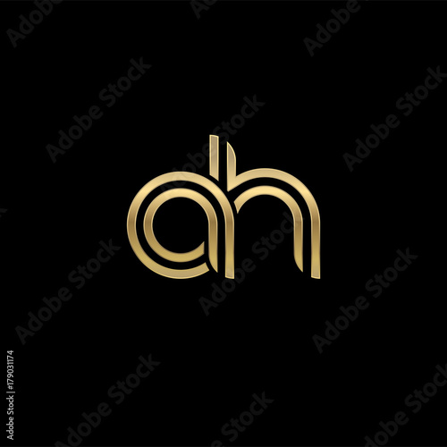 Initial lowercase letter ah, linked outline rounded logo, elegant golden color on black background