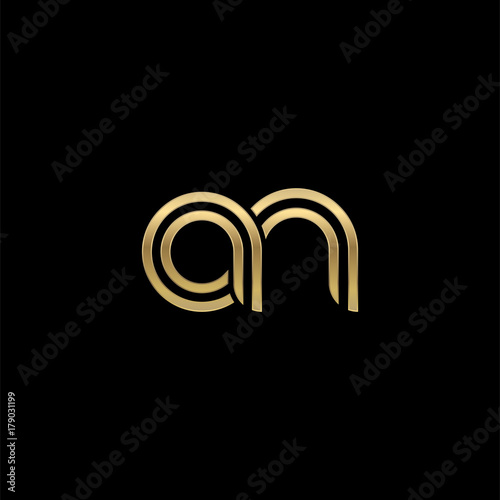 Initial lowercase letter an, linked outline rounded logo, elegant golden color on black background