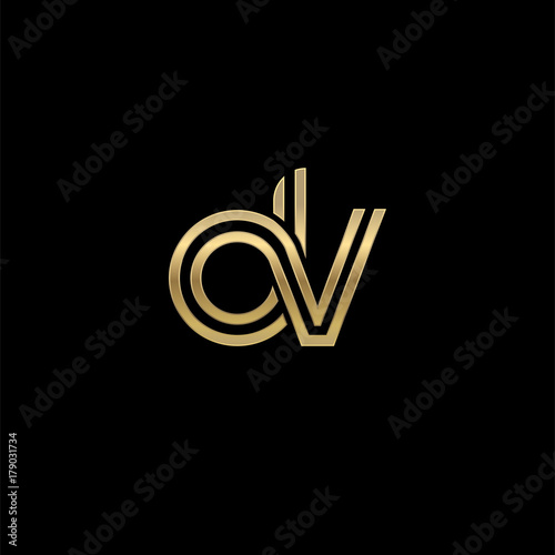 Initial lowercase letter dv, linked outline rounded logo, elegant golden color on black background