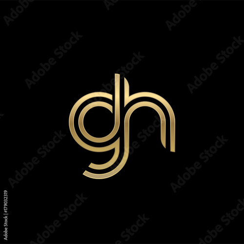 Initial lowercase letter gh, linked outline rounded logo, elegant golden color on black background photo