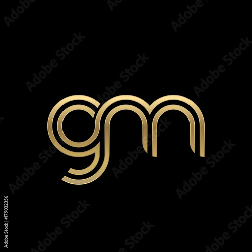 Initial lowercase letter gm, linked outline rounded logo, elegant golden color on black background