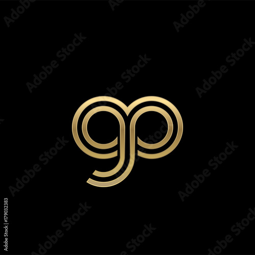 Initial lowercase letter gp, linked outline rounded logo, elegant golden color on black background