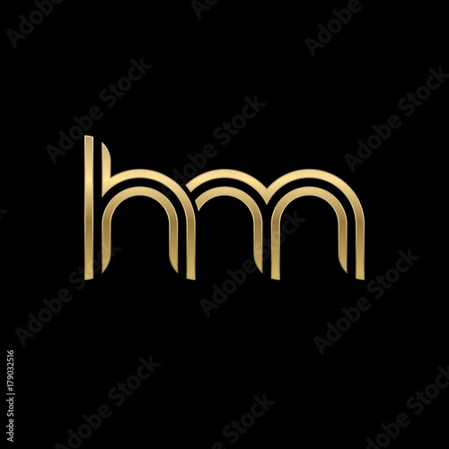 Initial lowercase letter hm, linked outline rounded logo, elegant golden color on black background