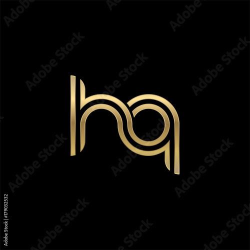 Initial lowercase letter hq, linked outline rounded logo, elegant golden color on black background