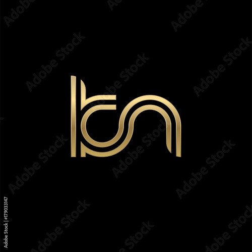 Initial lowercase letter kn, linked outline rounded logo, elegant golden color on black background