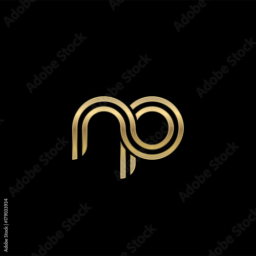 Initial lowercase letter np, linked outline rounded logo, elegant golden color on black background