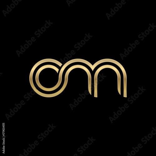 Initial lowercase letter om, linked outline rounded logo, elegant golden color on black background
