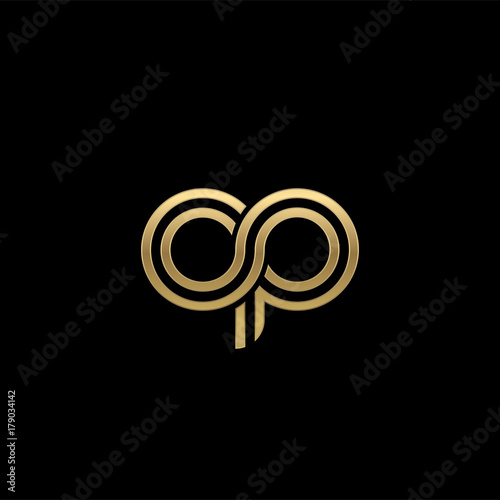 Initial lowercase letter op, linked outline rounded logo, elegant golden color on black background