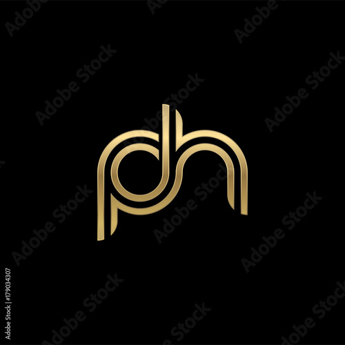 Initial lowercase letter ph, linked outline rounded logo, elegant golden color on black background