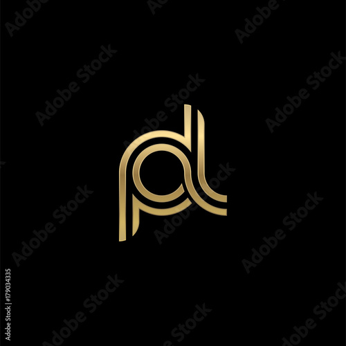 Initial lowercase letter pl, linked outline rounded logo, elegant golden color on black background
