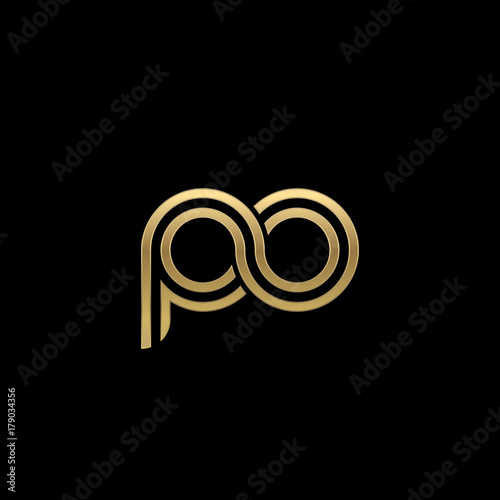 Initial lowercase letter po, linked outline rounded logo, elegant golden color on black background
