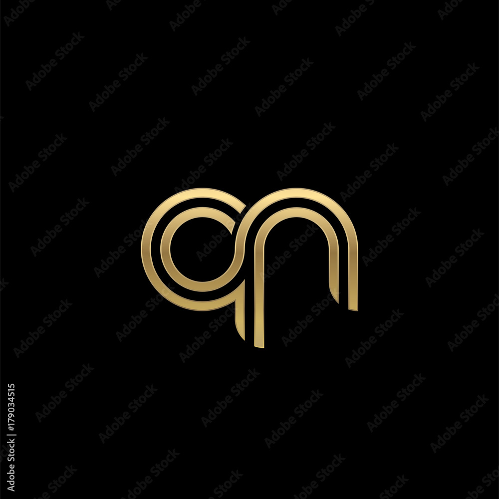 Initial lowercase letter qn, linked outline rounded logo, elegant golden color on black background
