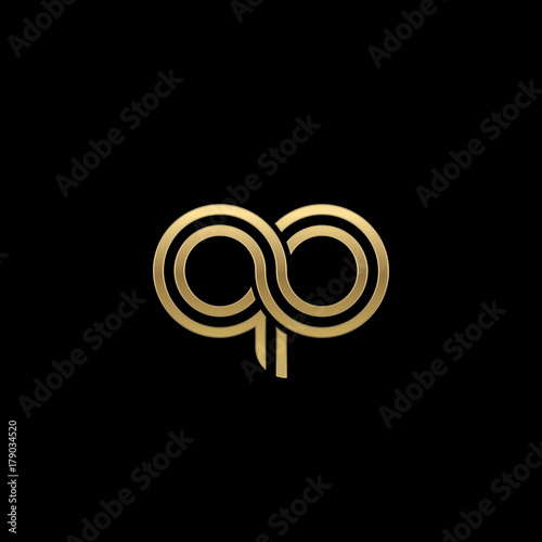 Initial lowercase letter qo, linked outline rounded logo, elegant golden color on black background