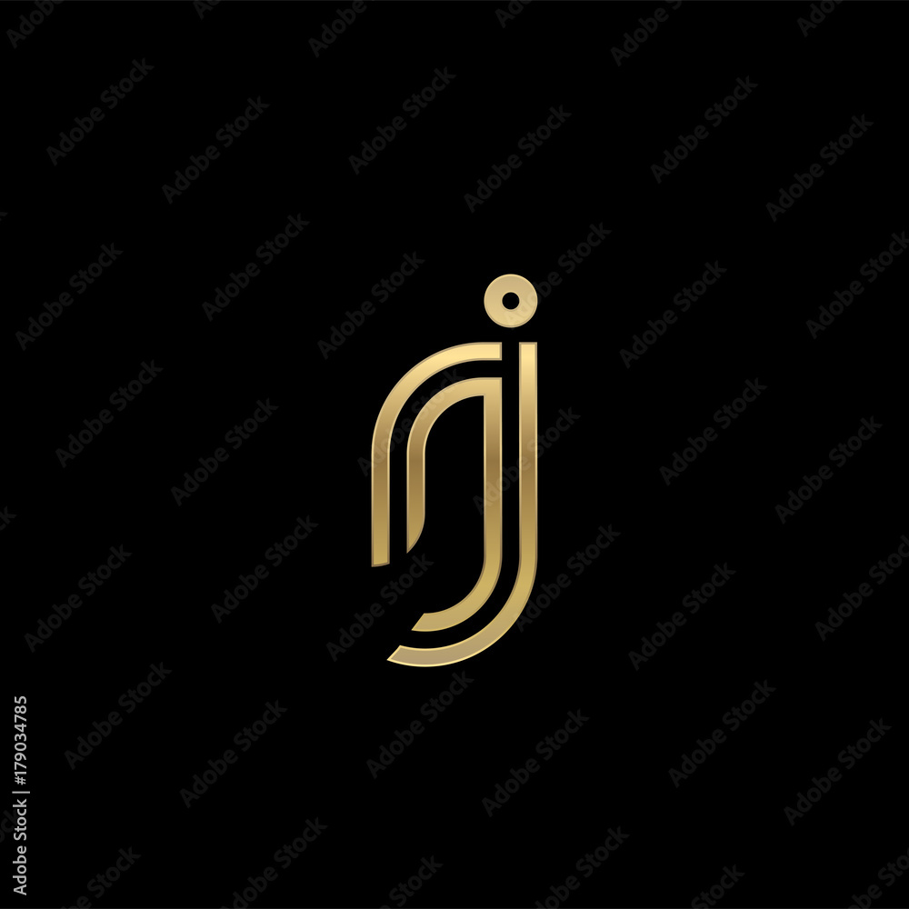 Fototapeta premium Initial lowercase letter rj, linked outline rounded logo, elegant golden color on black background
