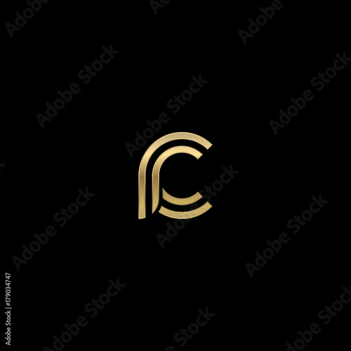 Initial lowercase letter rc, cr, linked outline rounded logo, elegant golden color on black background