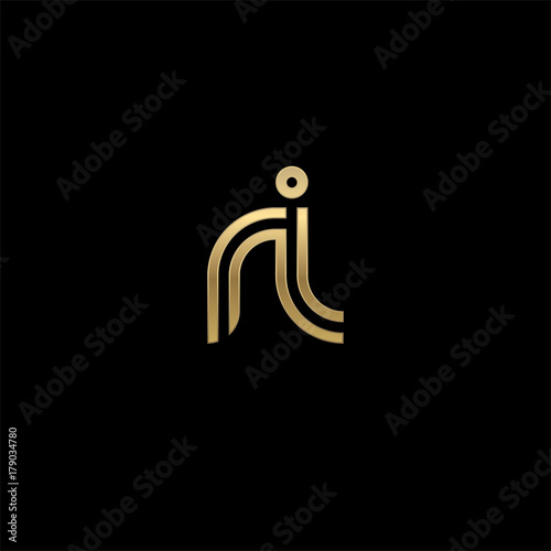 Initial lowercase letter ri, linked outline rounded logo, elegant golden color on black background