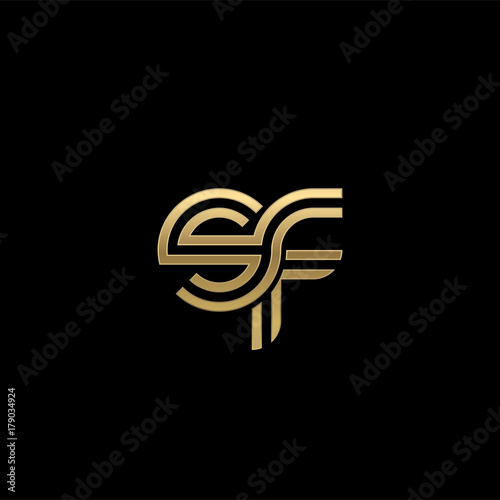 Initial lowercase letter sf, linked outline rounded logo, elegant golden color on black background