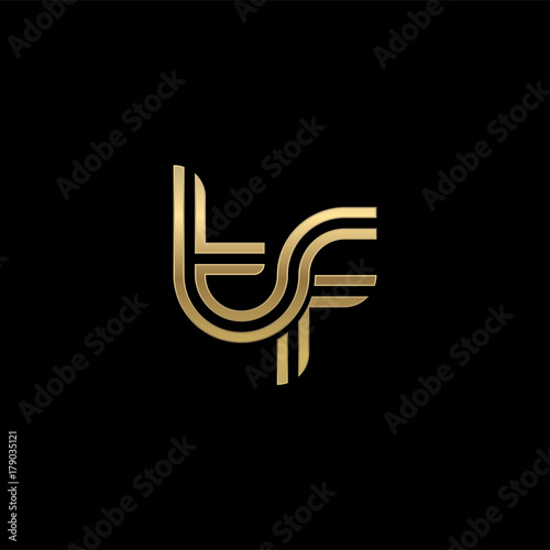 Initial lowercase letter tf, linked outline rounded logo, elegant golden color on black background