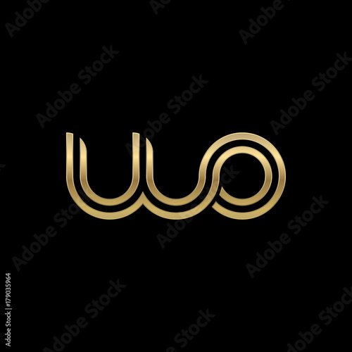 Initial lowercase letter wo, linked outline rounded logo, elegant golden color on black background