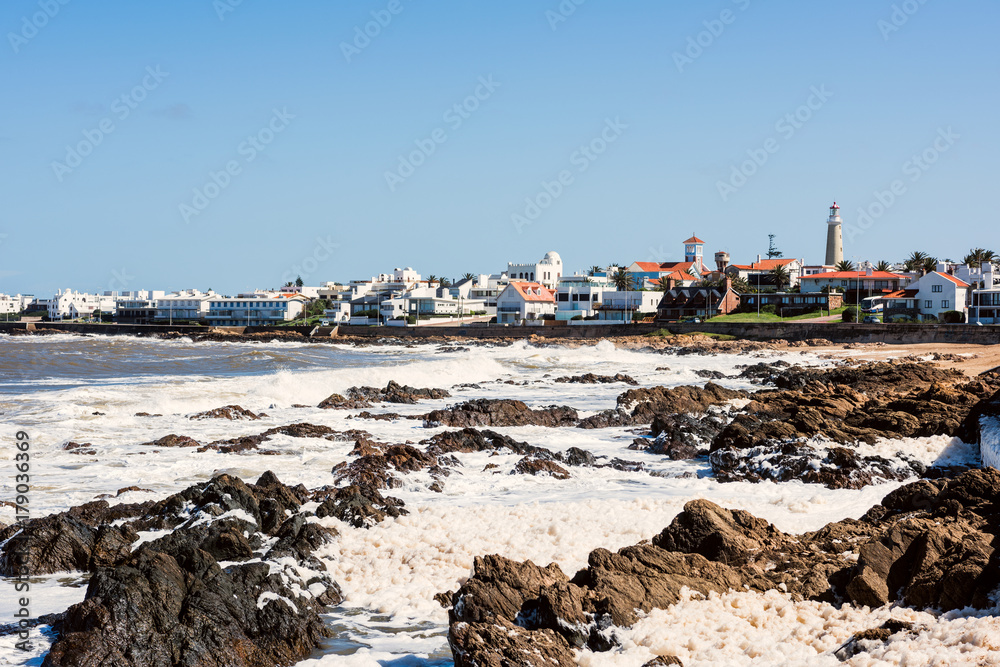 Old peninsula area with Lighthouse and Blue historic church in Punta del Este, Maldonado, Uruguay