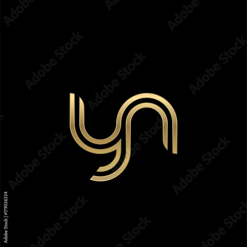 Initial lowercase letter yn, linked outline rounded logo, elegant golden color on black background