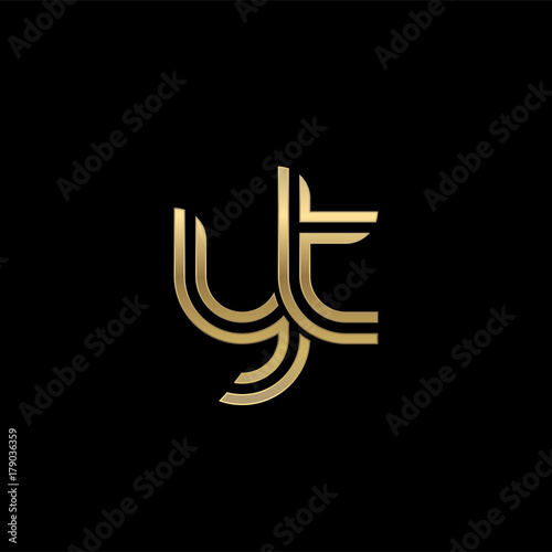 Initial lowercase letter yt, linked outline rounded logo, elegant golden color on black background