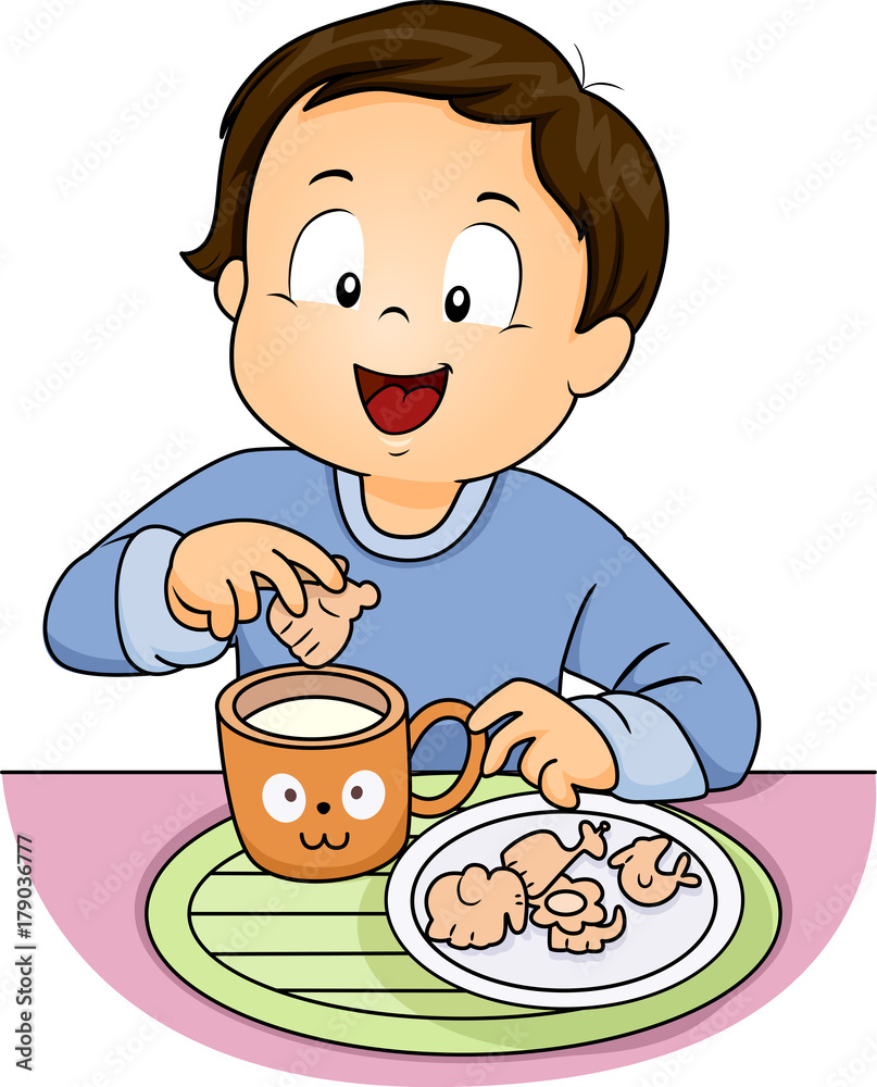 Illustration of a Cute Little Boy Dipping Animal Crackers in a H Illustration of a Cute Little Boy Dipping Animal Crackers in a H