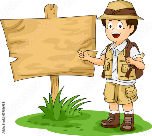 Illustration of a Little Boy in Full Safari Gear Standing Beside