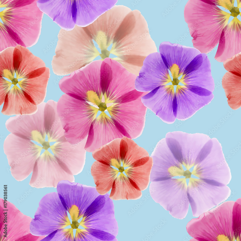Mallow, malva. Seamless pattern texture of flowers. Floral background, photo collage