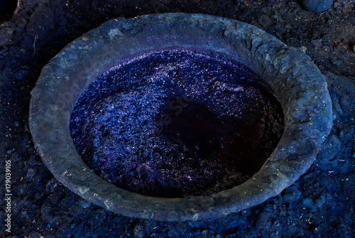 Processing of indigo dyed cotton , fermented dyeing in vat,Thailand photo