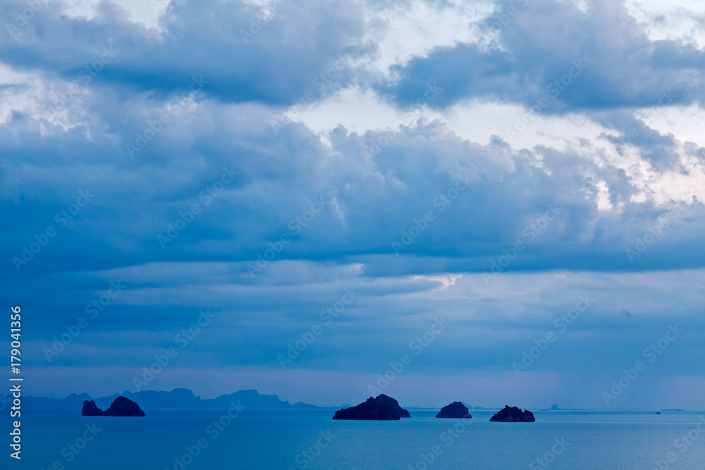 Panoramic view of seascape with cloudy sky , storm , blue ocean , mountains at Phang nga bay , Thailand 