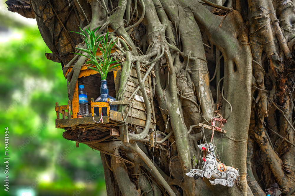 SPIRIT HOUSE AND TREE ROOTS INTERTWINED. Miniature house for guardian spirit. A dedicated structure to honor the guardians of the land that is found in the Southeast Asian countries. SPIRIT HOUSE AND TREE ROOTS INTERTWINED. Miniature house for guardian spirit. A dedicated structure to honor the guardians of the land that is found in the Southeast Asian countries.