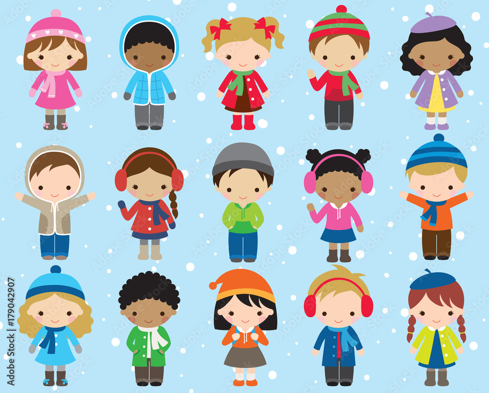 Cute kids children in winter dress vector illustration. Boy and girl in colorful winter outfit.
