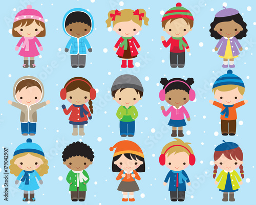 Cute kids children in winter dress vector illustration. Boy and girl in colorful winter outfit.
