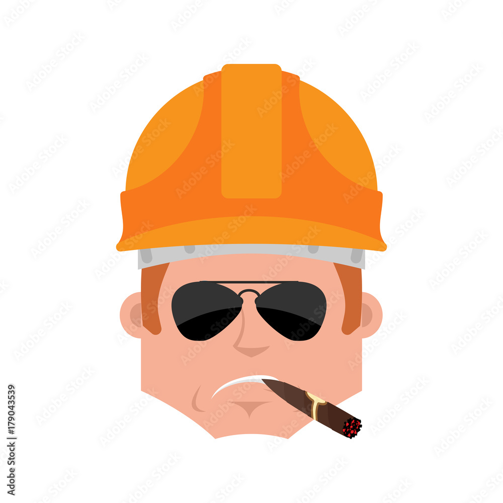 Builder Serious emotion avatar. Worker in protective helmets with a cigar emoji face. Vector illustration Builder Serious emotion avatar. Worker in protective helmets with a cigar emoji face. Vector illustration